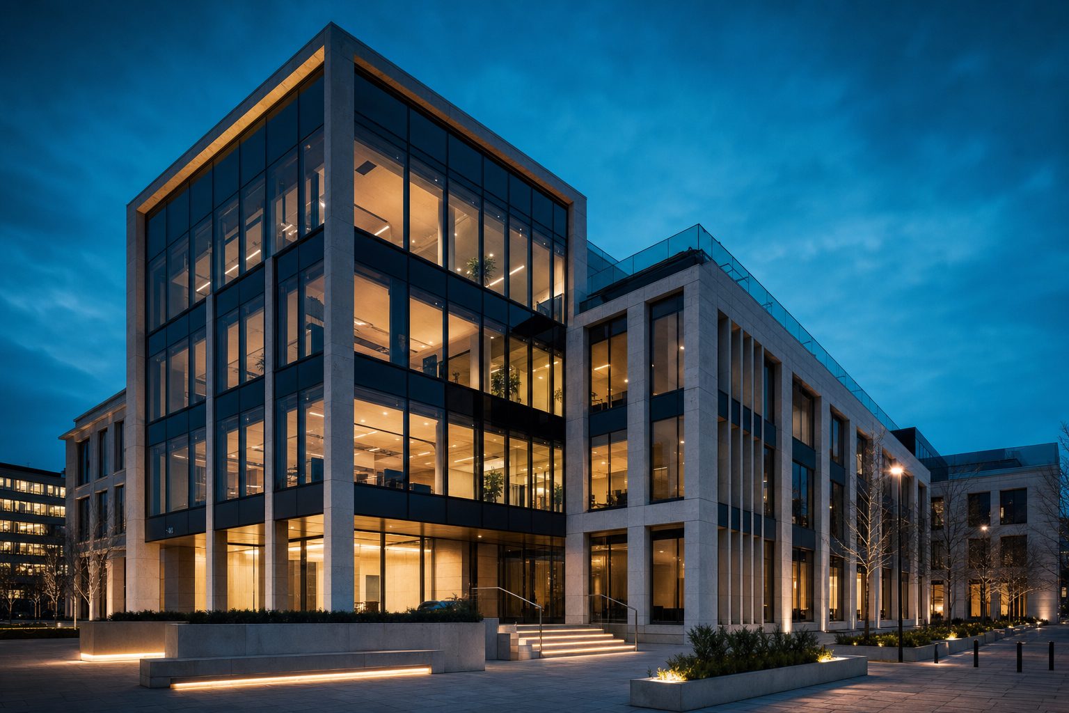 Modern European office building at blue hour